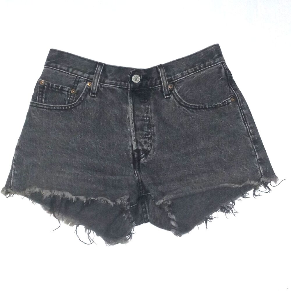 Levi's 501 Premium Button Fly Cut Off Denim Shorts-Size 25-Faded Black-Raw Hem